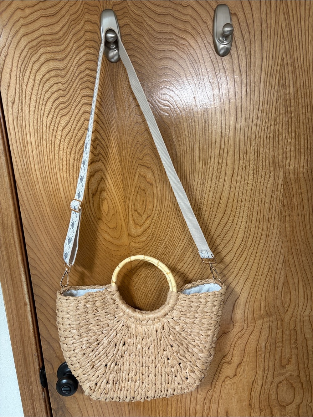 Haute Hippie Woven Straw Shoulder Bag with Bamboo Ring - Beige